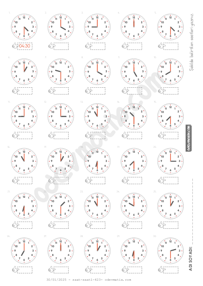 3.Sınıf 30 Dakika Aralıklı 12 Saatlik Saat Okuma