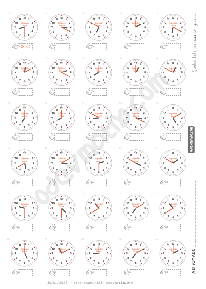 3.Sınıf 10 Dakika Aralıklı Saat Okuma