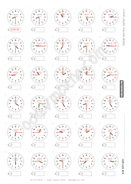 3.Sınıf 15 Dakika Aralıklı Saat Okuma