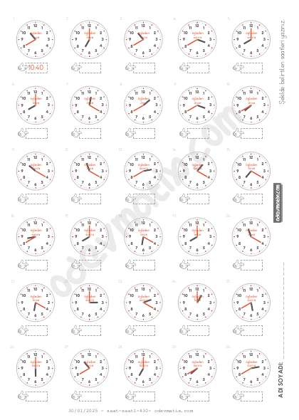 3.Sınıf 20 Dakika Aralıklı Saat Okuma