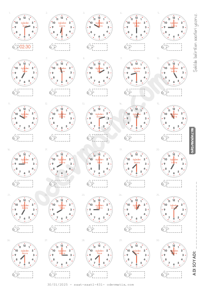 3.Sınıf 30 Dakika Aralıklı Saat Okuma