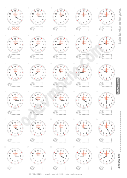 3.Sınıf 60 Dakika Aralıklı Saat Okuma