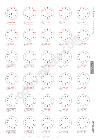 3.Sınıf 10 Dakika Aralıklı 12 Saatlik Saat Çizme