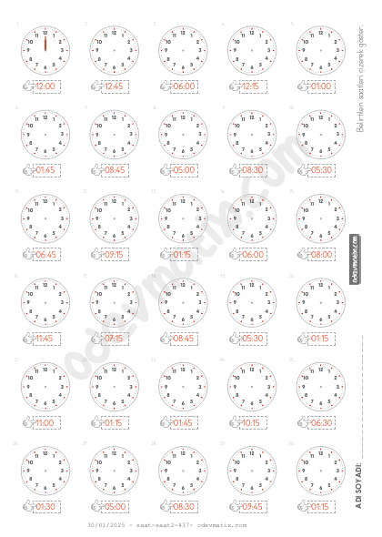 3.Sınıf 15 Dakika Aralıklı 12 Saatlik Saat Çizme