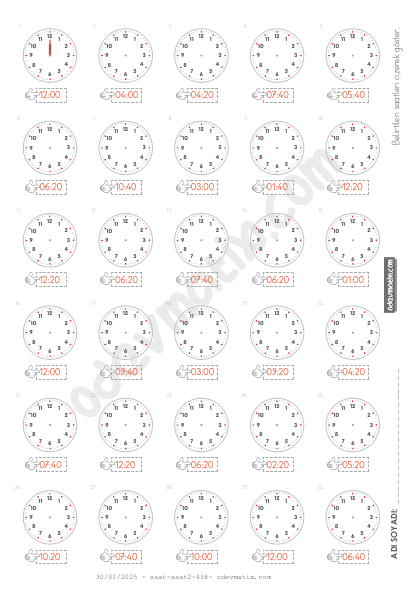 3.Sınıf 20 Dakika Aralıklı 12 Saatlik Saat Çizme