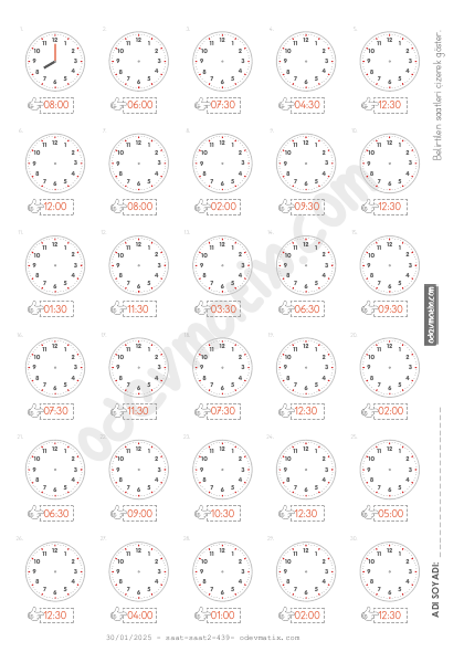 3.Sınıf 30 Dakika Aralıklı 12 Saatlik Saat Çizme
