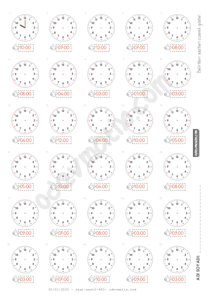 3.Sınıf 60 Dakika Aralıklı 12 Saatlik Saat Çizme