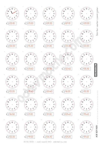 3.Sınıf 10 Dakika Aralıklı Saat Çizme