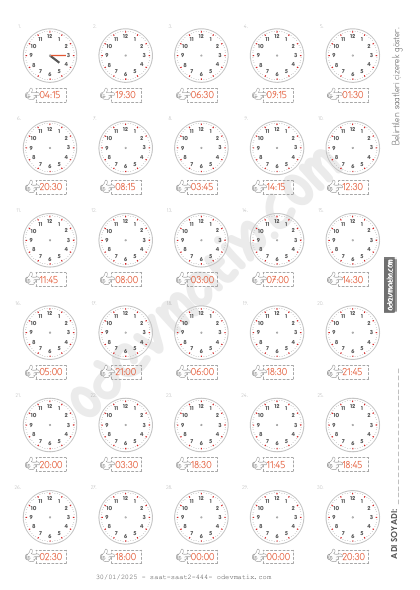 3.Sınıf 15 Dakika Aralıklı Saat Çizme