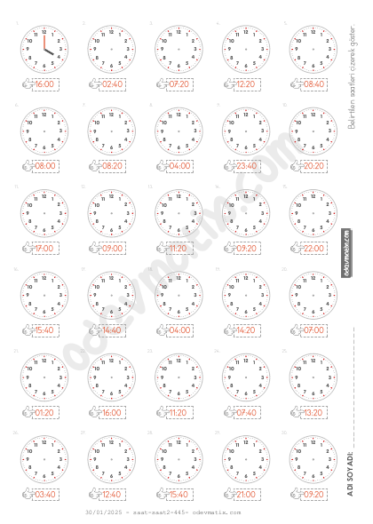 3.Sınıf 20 Dakika Aralıklı Saat Çizme