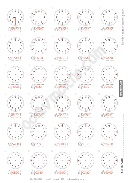 3.Sınıf 30 Dakika Aralıklı Saat Çizme