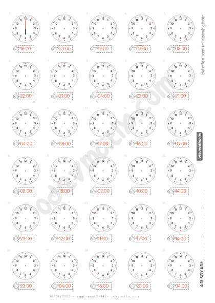 3.Sınıf 60 Dakika Aralıklı Saat Çizme