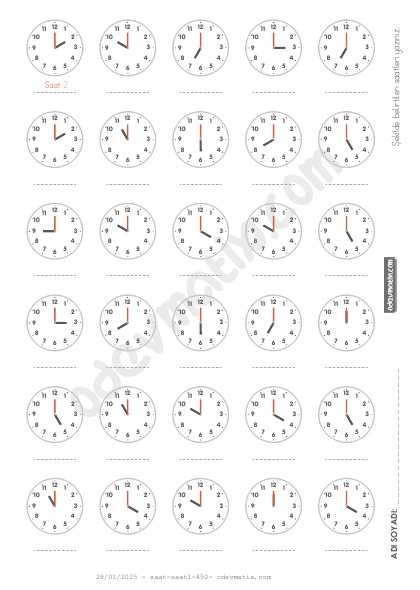 1.Sınıf 60 Dakika Aralıklı Saat Okuma