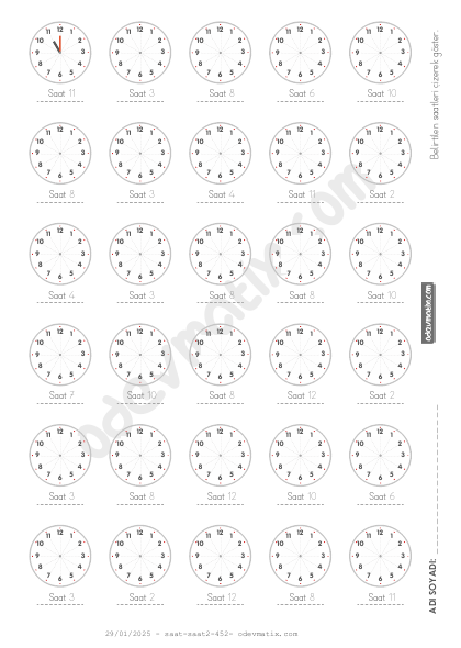 1.Sınıf 60 Dakika Aralıklı Saat Çizme