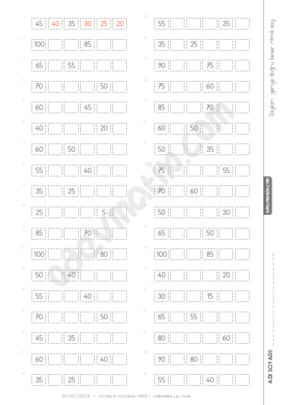 2.Sınıf Beşer Geri Ritmik Sayma