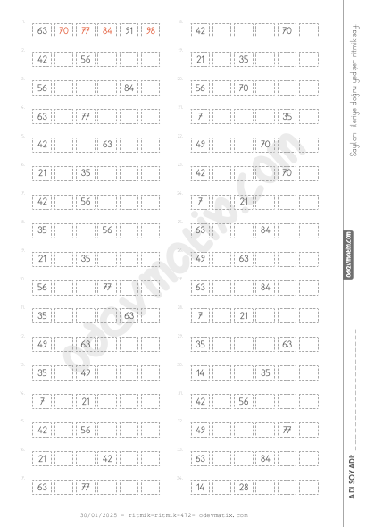 3.Sınıf Yedişer İleri Ritmik Sayma