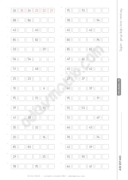 3.Sınıf Birer Geri Ritmik Sayma (100'e Kadar)