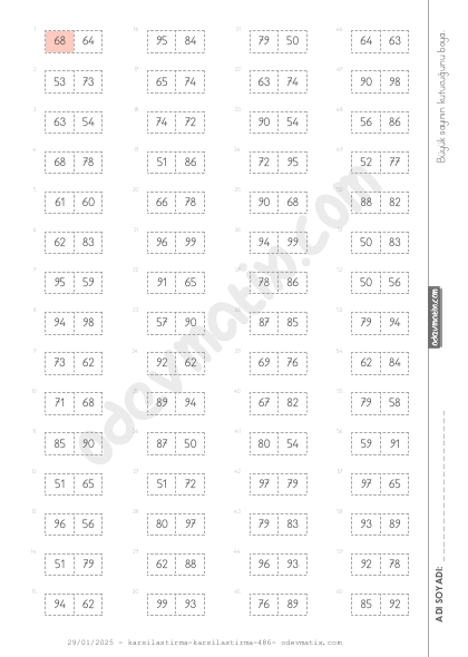1.Sınıf 100e Kadar Olan Sayıları Karşılaştırma
