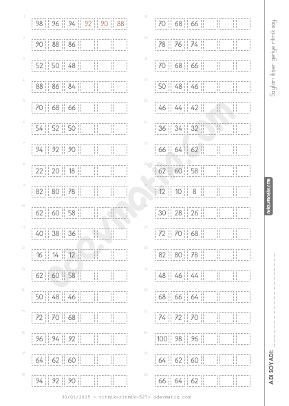 2.Sınıf İkişer Kolay Geri Ritmik Sayma