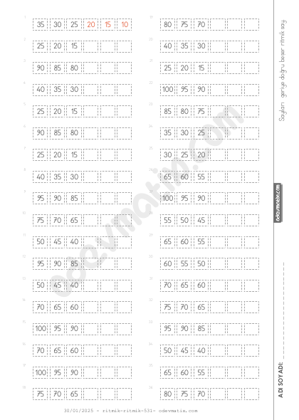 2.Sınıf Beşer Geri Kolay Ritmik Sayma