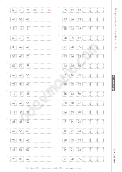 3.Sınıf Yedişer İleri Kolay Ritmik Sayma