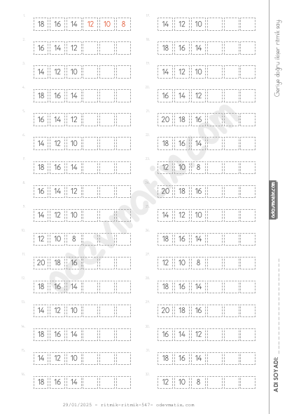 1.Sınıf İkişer Geri Kolay Ritmik Sayma