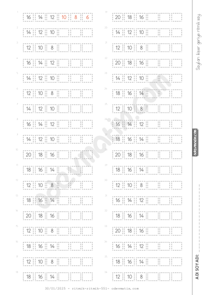 2.Sınıf 20'ye Kadar İkişer Geri Kolay Ritmik Sayma