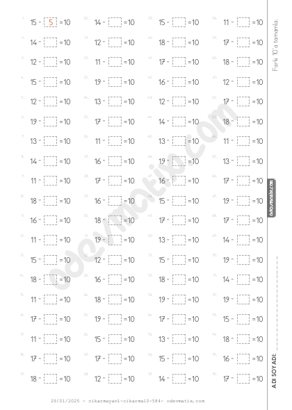 1.Sınıf Sonucu 10 Olan Sayılarla Çıkarma İşlemi