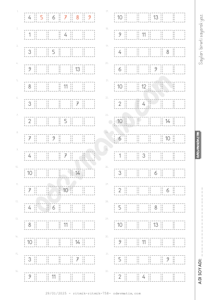 1.Sınıf 15'e Kadar Birer Zor Ritmik Sayma