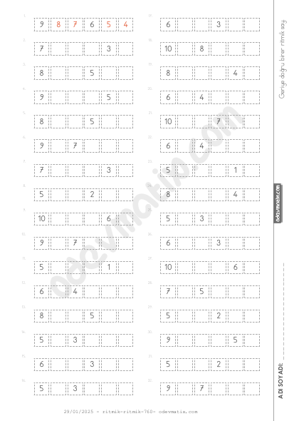 1.Sınıf 10'a Kadar Birer Geri Zor Ritmik Sayma