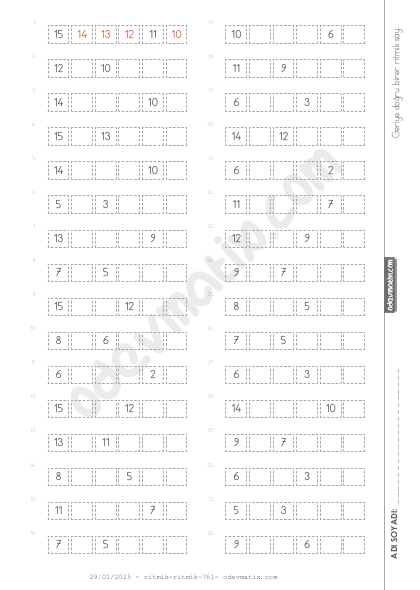 1.Sınıf 15'e Kadar Birer Geri Zor Ritmik Sayma