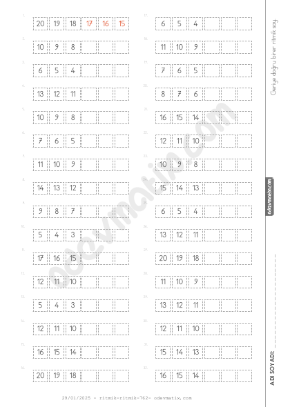 1.Sınıf 20'ye Kadar Birer Geri Kolay Ritmik Sayma