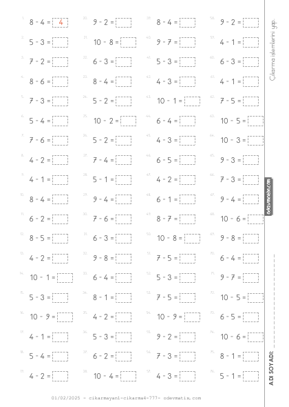 1.Sınıf 10'a Kadar Sayılarla Çıkarma