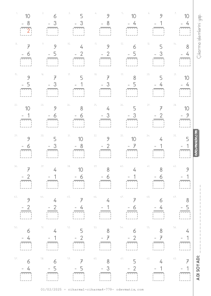 1.Sınıf 10'a Kadar Sayılarla Çıkarma