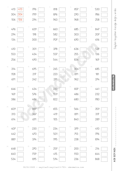 3.Sınıf Sayıları Sıralama (3 Sayılı)