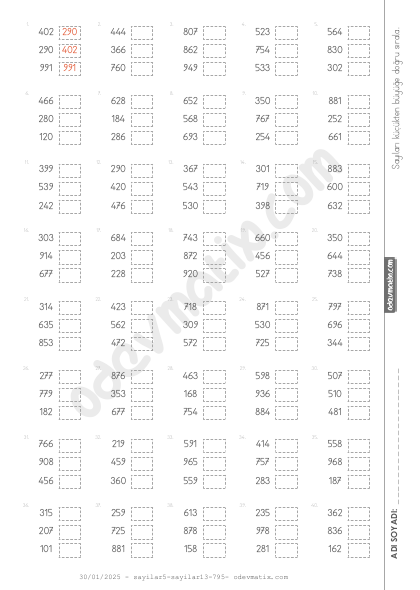 3.Sınıf 3 Sayılı Sayıları Sıralama