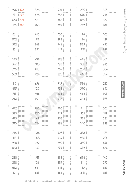 3.Sınıf 4 Sayılı Sayıları Sıralama
