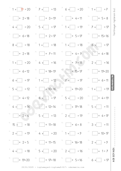 1.Sınıf Verilmeyen Toplananı Bulma (20'ye Kadar) (Yan yana)