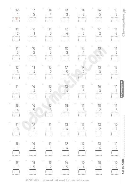 1.Sınıf Çıkarma İşlemi (Alt Alta)