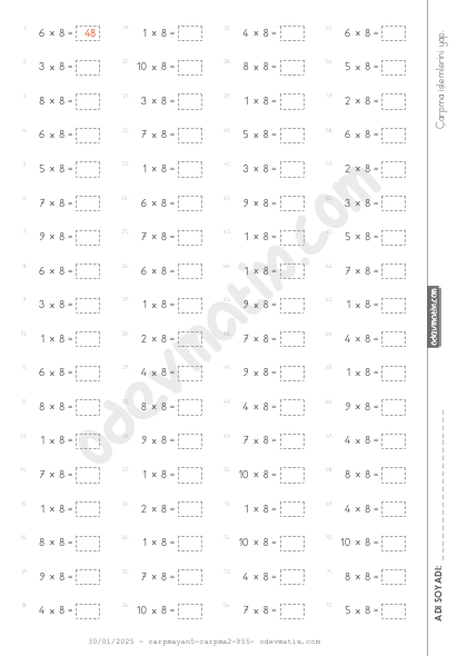 3.Sınıf Çarpım Tablosu