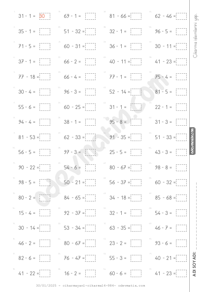 2.Sınıf Onluk Bozmasız Çıkarma İşlemi