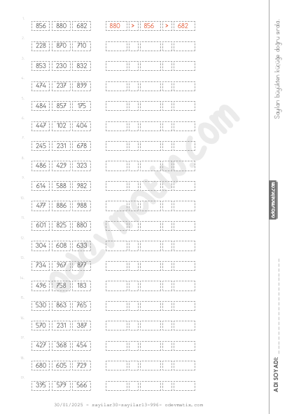 3.Sınıf Sayıları İşaretle Büyükten Küçüğe Sıralama (3 Sayılı)