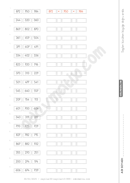 3.Sınıf 3 Sayılı İşaretle Küçükten Büyüğe Sıralama (3 Sayılı Zor)